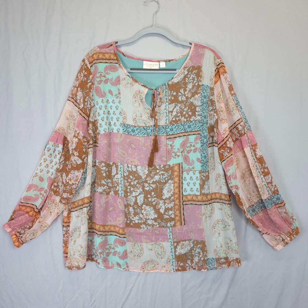 Belle by Kim Gravel Patchwork Blouse Women 2X Peasant Tie Neck Sheer Boho Earthy